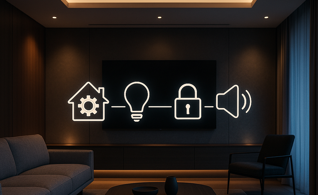 Modern smart home living room featuring integrated technology icons for lighting, security, audio, and automation, set within a luxury interior with ambient lighting — ideal for home automation, AV, and networking solutions in Dubai.